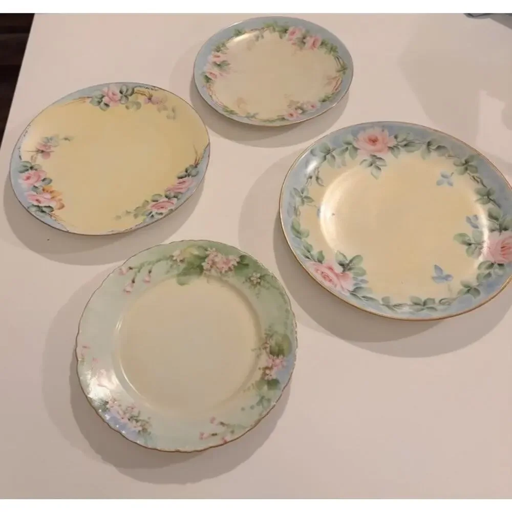 4 Vintage Blue Pink Yellow Mismatched Plate Wall Collage Display Floral Cottage